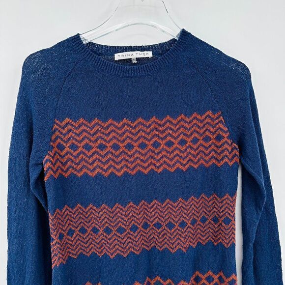 Trina Turk Sz Small Navy Blue Orange Chevron Print Long Sleeve Thin Knit Sweater - Picture 2 of 7